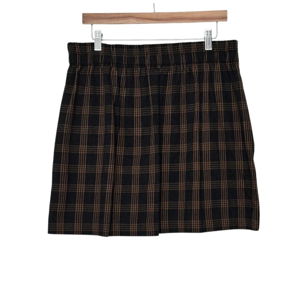 Madewell Womens Brown Black Plaid Double Breasted Mini Skirt Size L Elastic Back